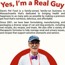 Advertisement for Dave's Pet Food with a man wearing a cap and bow tie, text about the brand's mission.