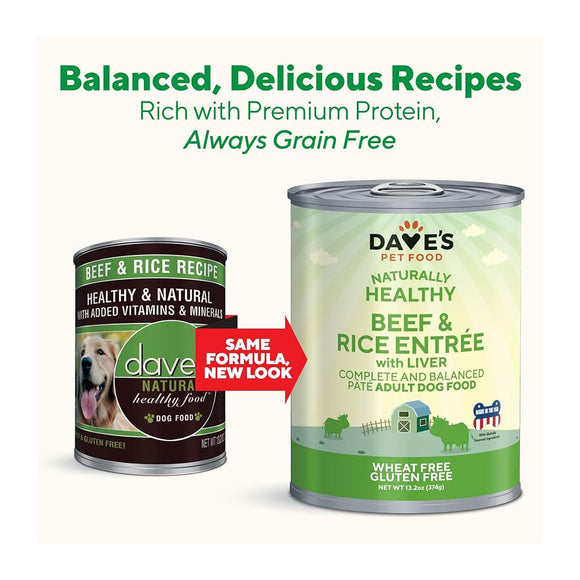 Two cans of Dave's Pet Food, one beef & rice recipe and the other beef & rice entree, on a white background.