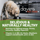 Dog eating from a bowl with 'dave's PET FOOD' branding and product features listed.