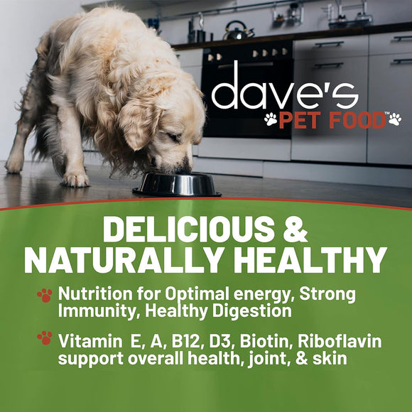 Dog eating from a bowl with 'dave's PET FOOD' branding and product features listed.