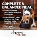 Dog eating from a bowl with text about dave's pet food on a wooden floor.