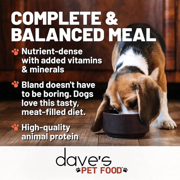 Dog eating from a bowl with text about dave's pet food on a wooden floor.