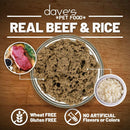 Pet food with beef and rice on a wooden background, featuring 'dave's Pet Food'.