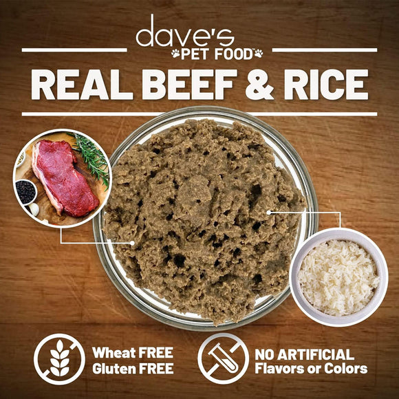 Pet food with beef and rice on a wooden background, featuring 'dave's Pet Food'.