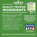 Dave's Pet Food can with nutritional information on a green background
