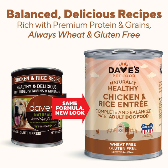 Two cans of Dave's Pet Food, one with a red arrow indicating 'Same Formula, New Look', on a white background.
