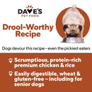 Advertisement for Dave's Pet Food with a pug eating out of a bowl, featuring text about the dog food recipe.