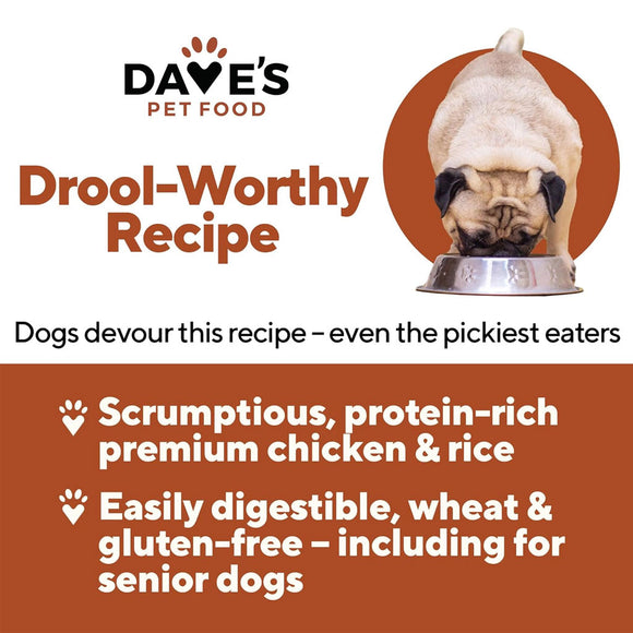 Advertisement for Dave's Pet Food with a pug eating out of a bowl, featuring text about the dog food recipe.