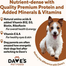Advertisement for Dave's Pet Food highlighting nutrient-dense dog food with a smiling dog on a brown background.