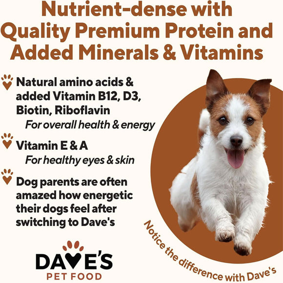 Advertisement for Dave's Pet Food highlighting nutrient-dense dog food with a smiling dog on a brown background.