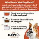 Advertisement for Dave's Pet Food featuring a dog holding a bowl with text about wet dog food benefits.