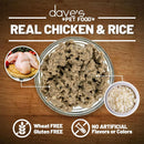 Pet food with chicken and rice on a wooden background, featuring 'dave's Pet Food' branding.