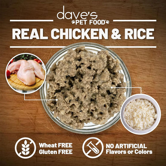 Pet food with chicken and rice on a wooden background, featuring 'dave's Pet Food' branding.