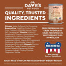 Dave's Pet Food can with ingredient list and nutritional information on a brown background