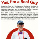 Man wearing a cap and bow tie with text about Dave's Pet Food on a white background