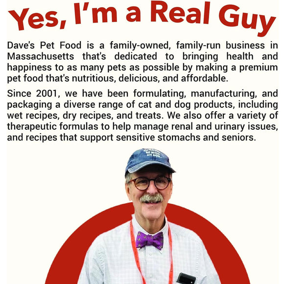 Man wearing a cap and bow tie with text about Dave's Pet Food on a white background