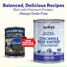 Two cans of Dave's Pet Food on a white background with text about balanced recipes and premium protein.