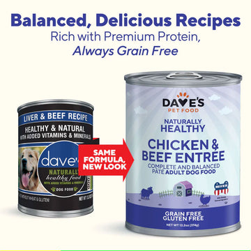 Two cans of Dave's Pet Food on a white background with text about balanced recipes and premium protein.