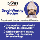 Advertisement for Dave's Pet Food with a pug eating from a bowl, highlighting a 'Drool-Worthy Recipe' for dogs.