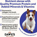 Advertisement for Dave's Pet Food highlighting nutrient-dense pet food with a dog on a blue circle background.