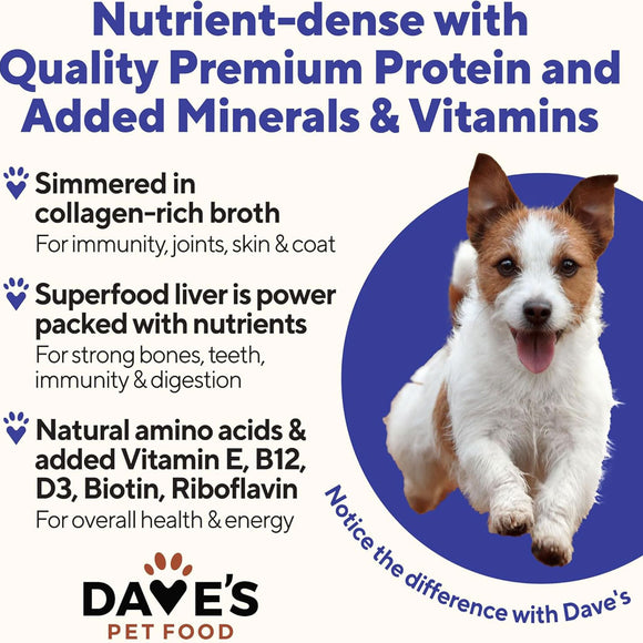 Advertisement for Dave's Pet Food highlighting nutrient-dense pet food with a dog on a blue circle background.