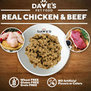 Dave's Pet Food real chicken and beef pet food on a wooden surface with brand logo and product details.