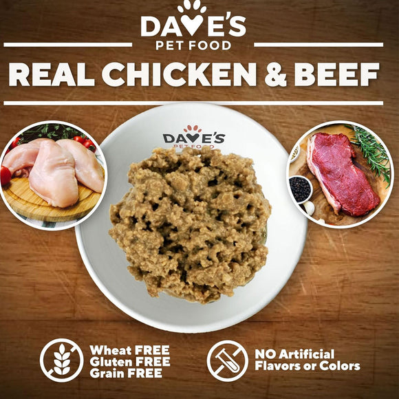 Dave's Pet Food real chicken and beef pet food on a wooden surface with brand logo and product details.