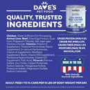 Dave's Pet Food can with nutritional information on a blue background