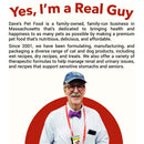 Man wearing a cap and glasses with text about Dave's Pet Food on a white background
