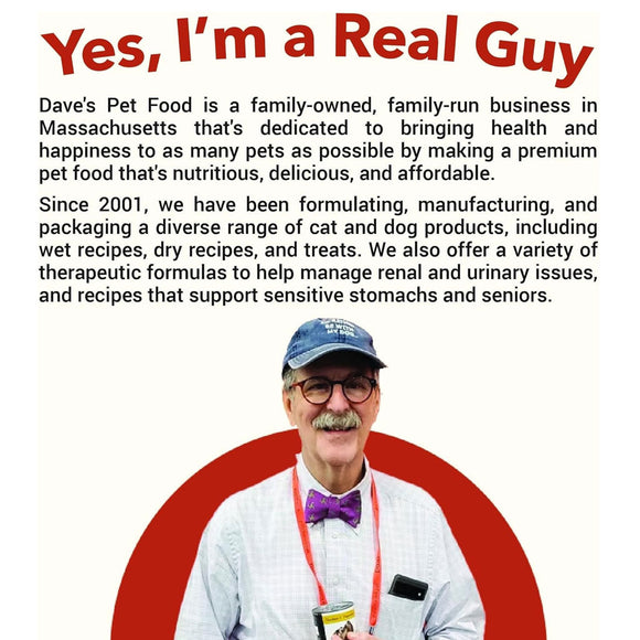 Man wearing a cap and glasses with text about Dave's Pet Food on a white background