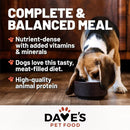Dog eating from a bowl with text about Dave's Pet Food on a wooden floor.