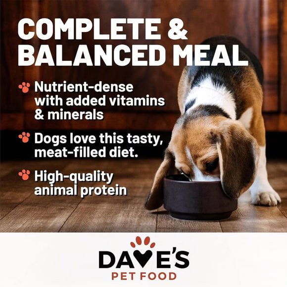 Dog eating from a bowl with text about Dave's Pet Food on a wooden floor.