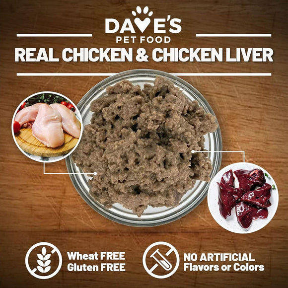 Dove's Pet Food real chicken and chicken liver pet food on a wooden background