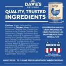 Dave's Pet Food can with nutritional information on a blue background