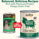 Two cans of Dave's Pet Food on a white background with text about balanced recipes and premium protein.