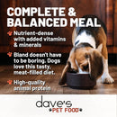 Dog eating from a bowl with text about dave's pet food on a wooden floor.