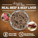 Pet food with beef and beef liver ingredients on a wooden background, featuring Dave's Pet Food branding.
