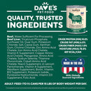 Dave's Pet Food can with nutritional information on a green background
