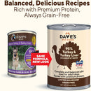 Two cans of Dave's Pet Food with a focus on turkey and turkey liver ingredients.