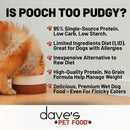 Advertisement for Dave's Pet Food featuring a dog and text about the pet food's benefits.