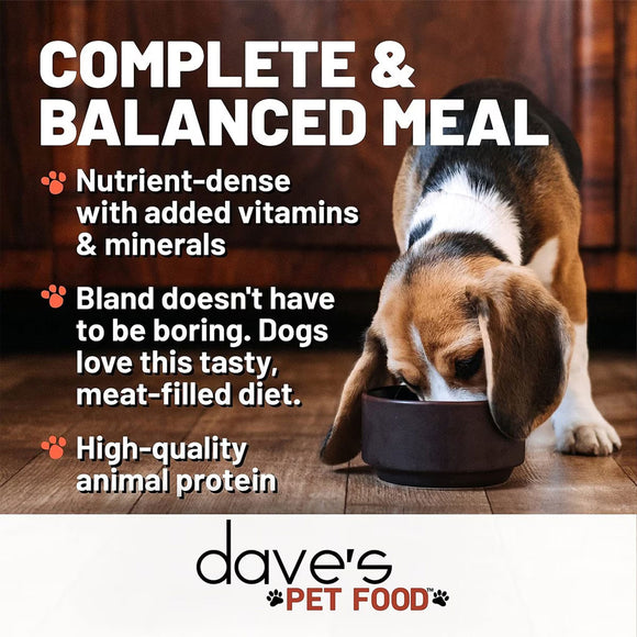 Dog eating from a bowl with text about dave's pet food, including benefits like being a complete and balanced meal.