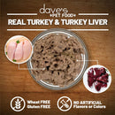 Pet food with turkey and turkey liver ingredients on a wooden background, featuring dave's Pet Food branding.