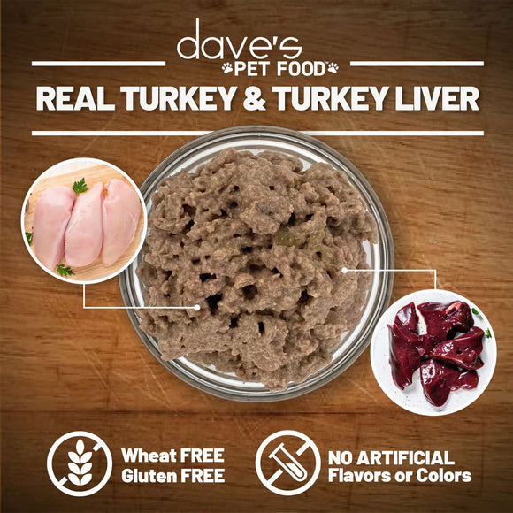 Pet food with turkey and turkey liver ingredients on a wooden background, featuring dave's Pet Food branding.