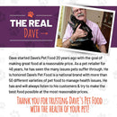 Advertisement for Dave's Pet Food featuring a man with a dog and text about the brand's history and values.