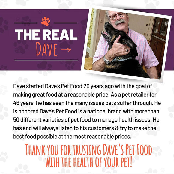 Advertisement for Dave's Pet Food featuring a man with a dog and text about the brand's history and values.