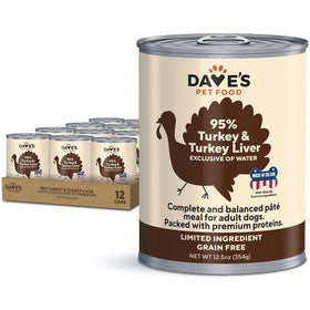 Dave's Pet Food 95% Premium Turkey & Turkey Liver Grain-Free Recipe Canned Wet Dog Food, 12.5-oz, case of 12