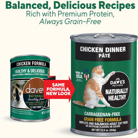 Two cans of Dave's Pet Food cat food with text highlighting balanced recipes and grain-free status.