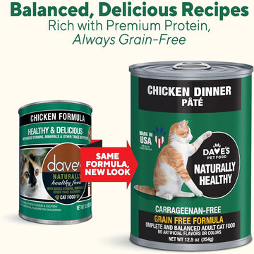 Two cans of Dave's Pet Food cat food with text highlighting balanced recipes and grain-free status.