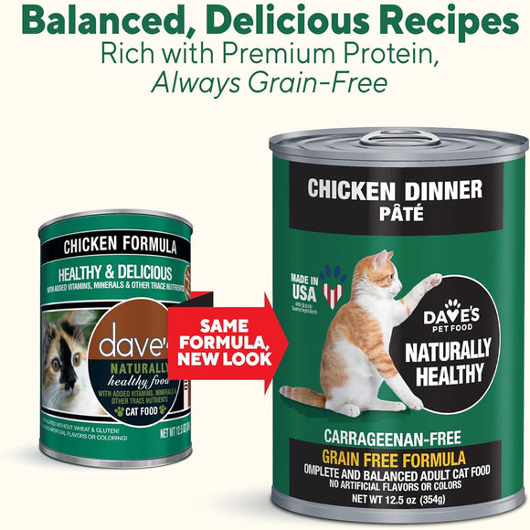 Two cans of Dave's Pet Food cat food with text highlighting balanced recipes and grain-free status.