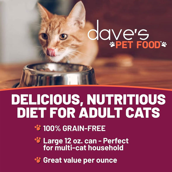 Cat looking into a bowl with 'dave's PET FOOD' branding and promotional text about their cat food.